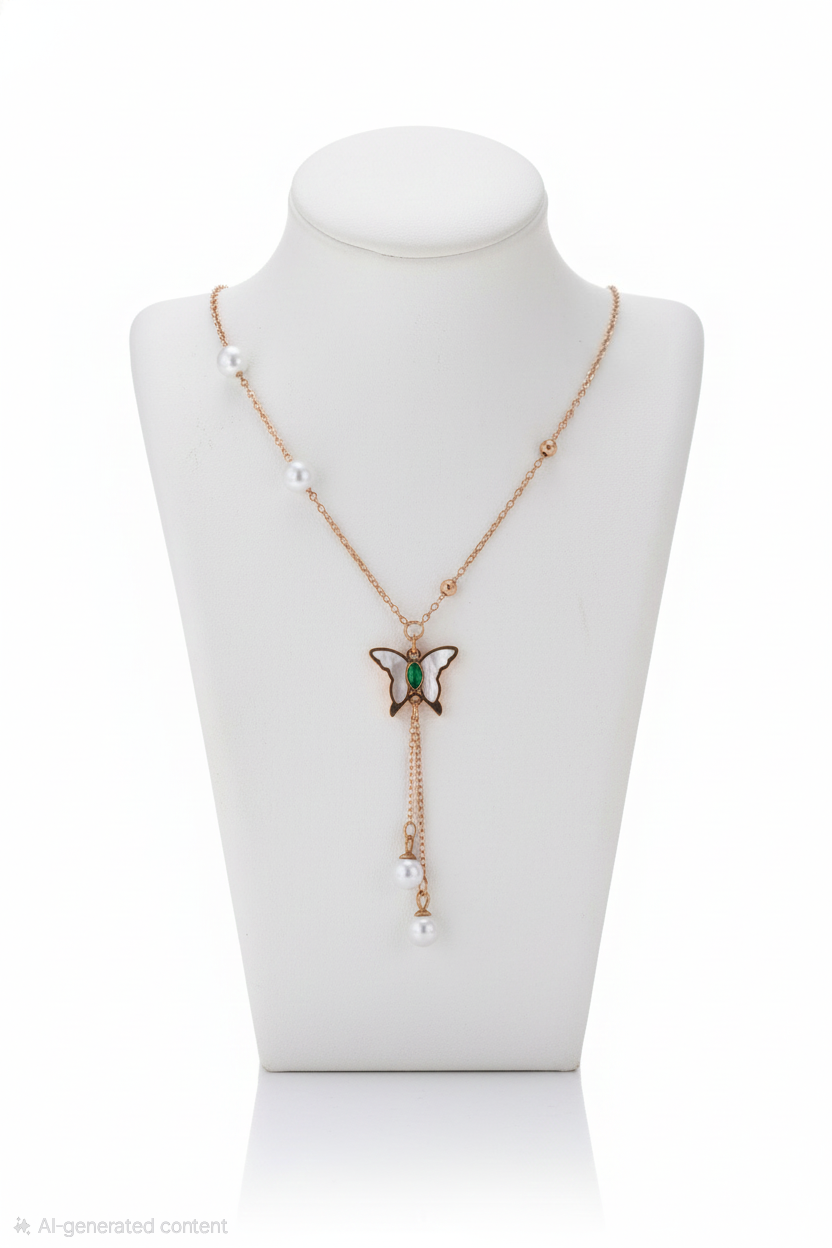 Rose Gold Butterfly Pendant Necklace with Pearl Drop