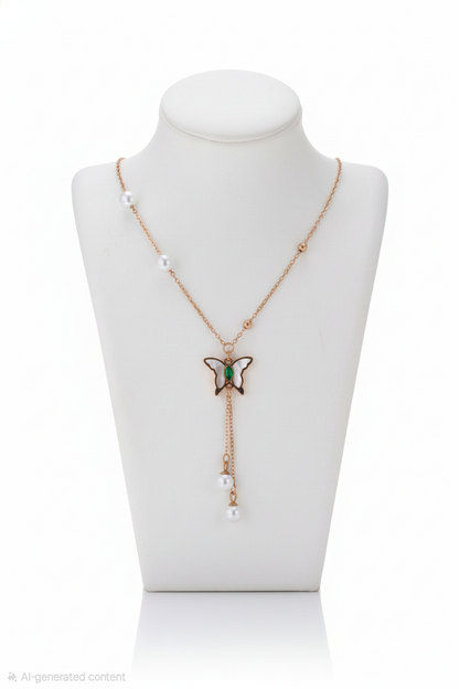 Rose Gold Butterfly Pendant Necklace with Pearl Drop