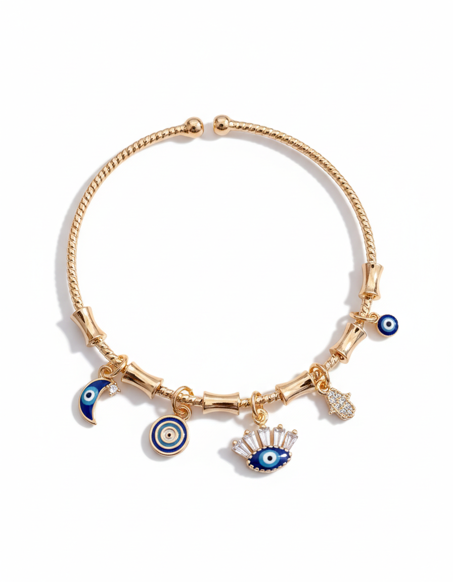 Artisanal Evil Eye Charm Bracelet in Gold Finish