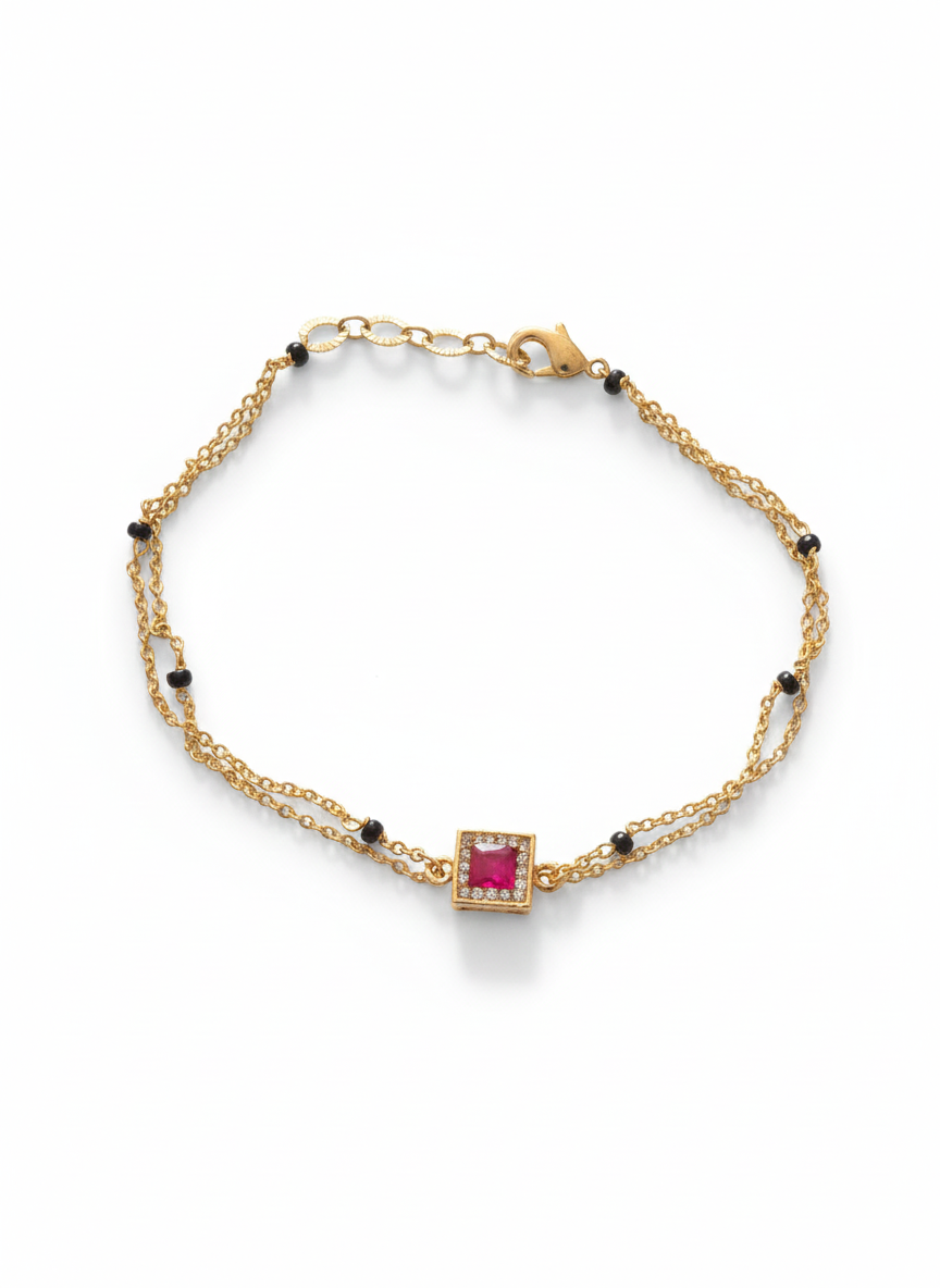 Gold-Plated Square Ruby Crystal Chain mangalsutra Bracelet with Black Beads for Women