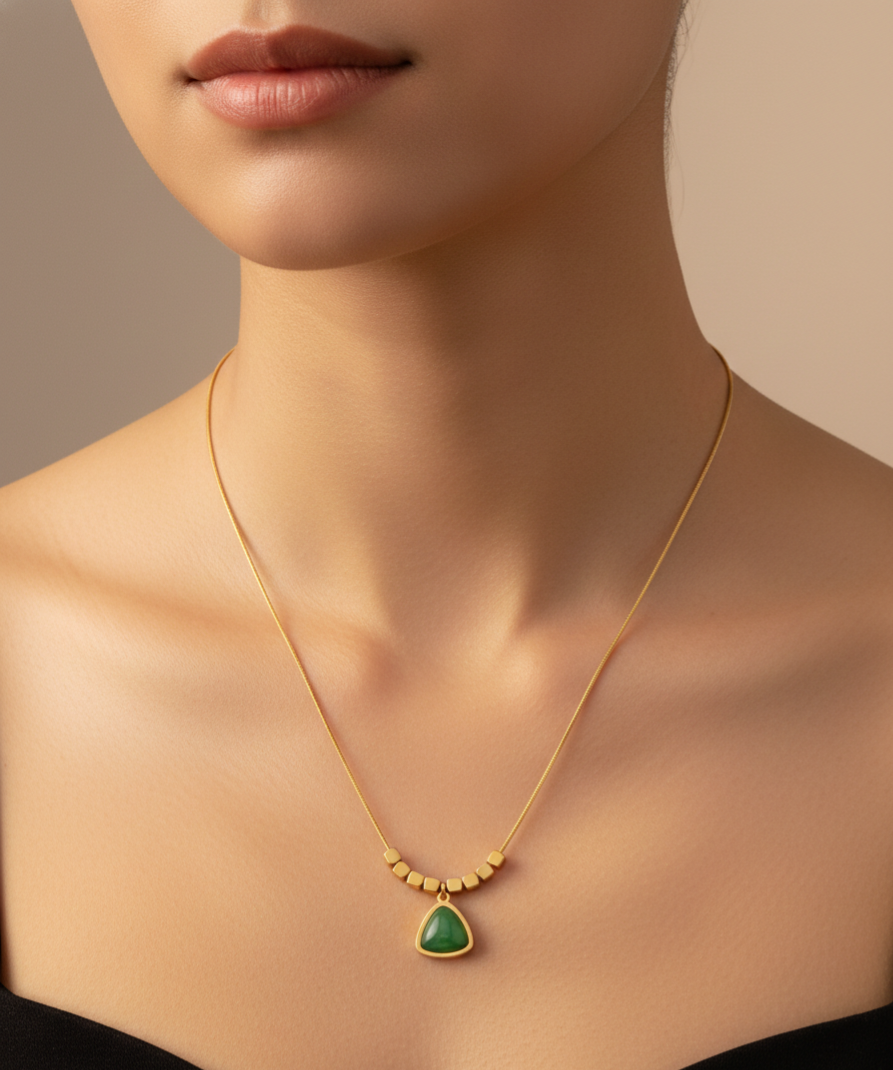 Minimal Artisanal Gold Necklace with Green Gemstone Pendant