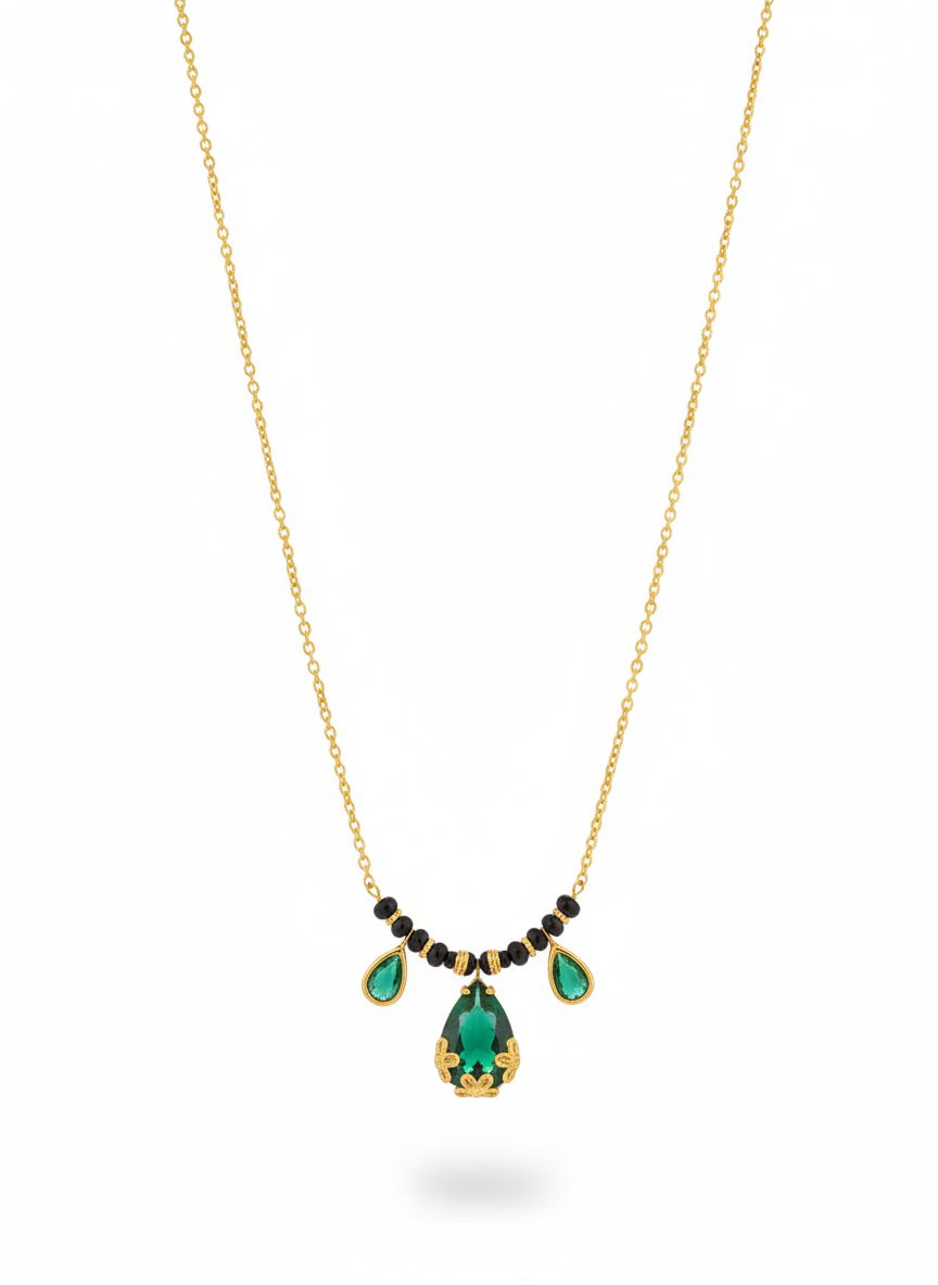 Emerald Green Drop Mangalsutra Necklace – 18K Gold Plated Minimal Diamond Style