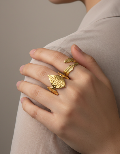 Handcrafted Gold Leaf Ring Set – Nature-Inspired Artisanal Design