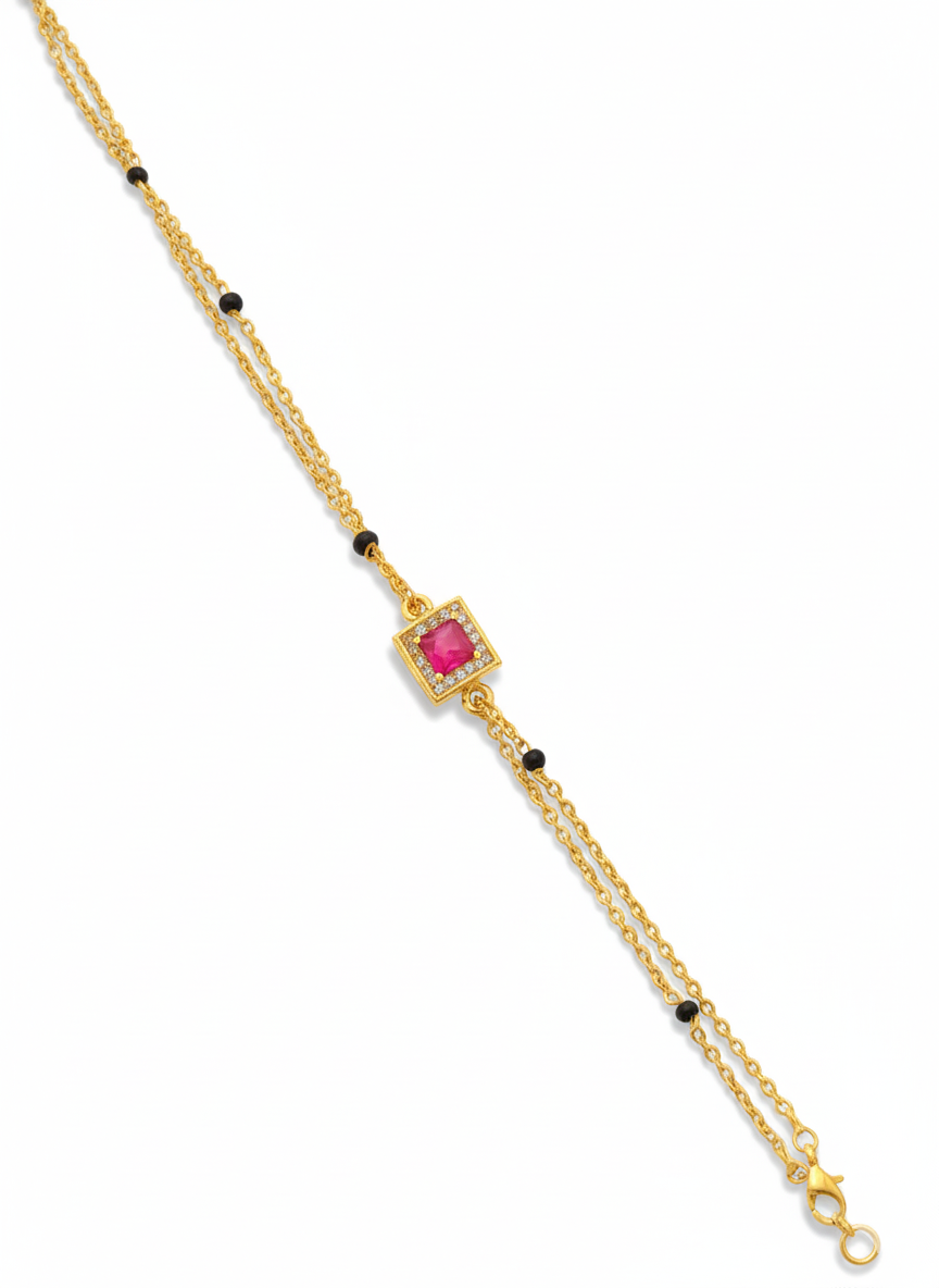 Gold-Plated Square Ruby Crystal Chain mangalsutra Bracelet with Black Beads for Women