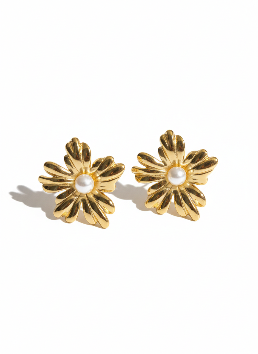 Golden Floral Pearl Stud Earrings – Handcrafted Artisanal Jewellery