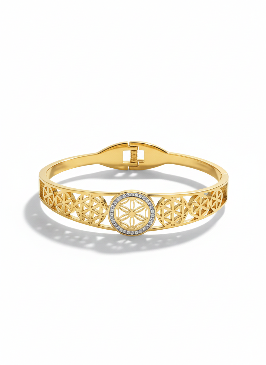 Gold-Plated Geometric Floral Cuff Bracelet with Crystal Detailing | Elegant Women Bracelet