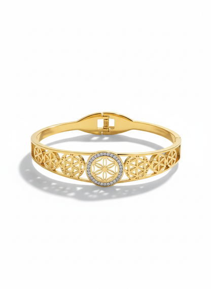 Gold-Plated Geometric Floral Cuff Bracelet with Crystal Detailing | Elegant Women Bracelet