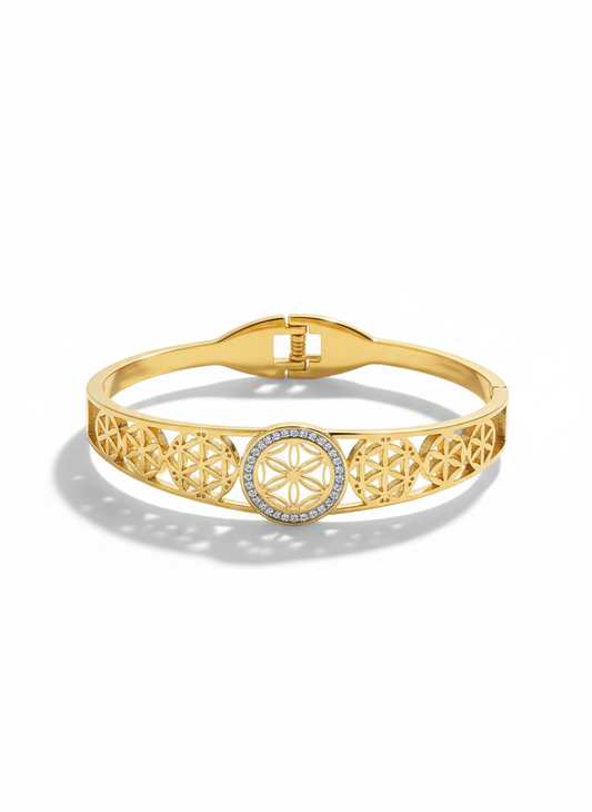Gold-Plated Geometric Floral Cuff Bracelet with Crystal Detailing | Elegant Women Bracelet