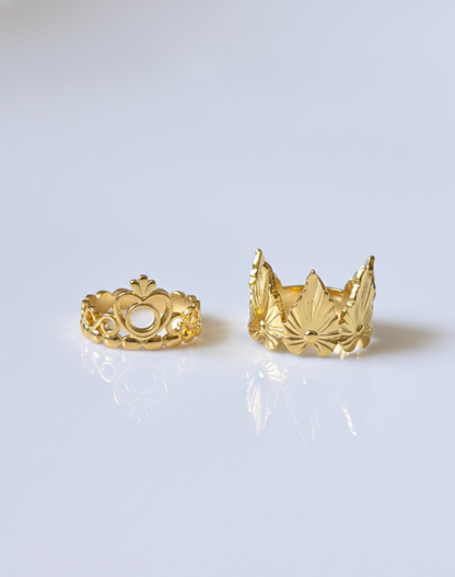 Handcrafted Gold Nature-Inspired Ring Set – Artisanal Leaf & Heart Design