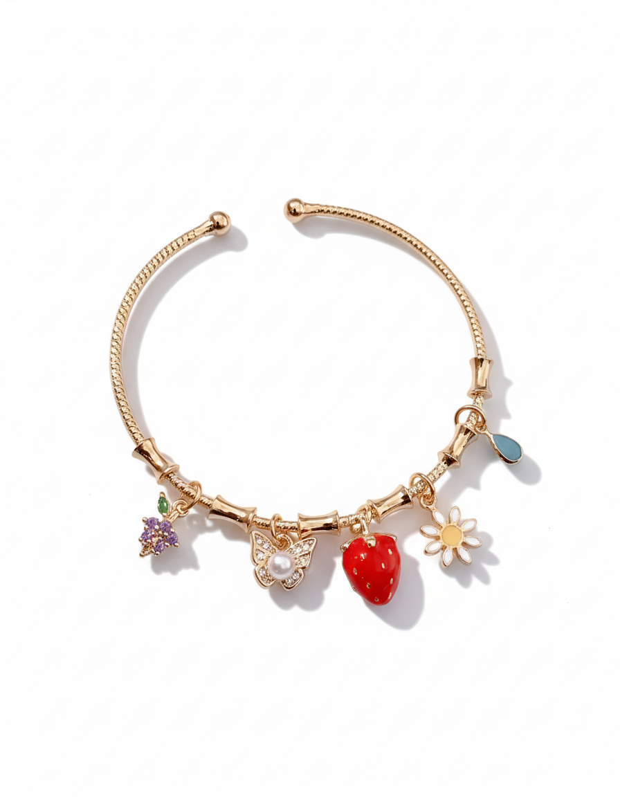 Handcrafted Artisanal Charm Bracelet with Strawberry & Floral Motifs