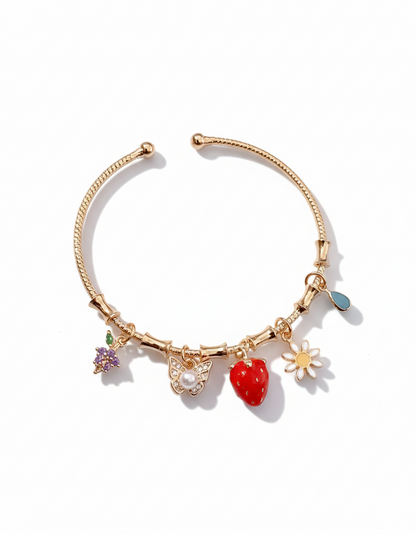 Handcrafted Artisanal Charm Bracelet with Strawberry & Floral Motifs