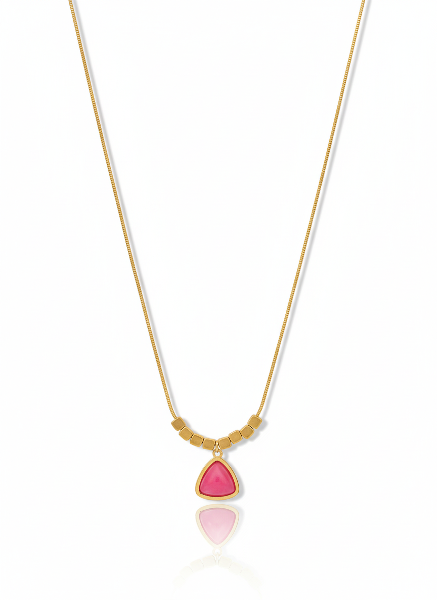 Pink Triangle Gemstone Minimal Gold Necklace – Handcrafted Artisanal Jewellery