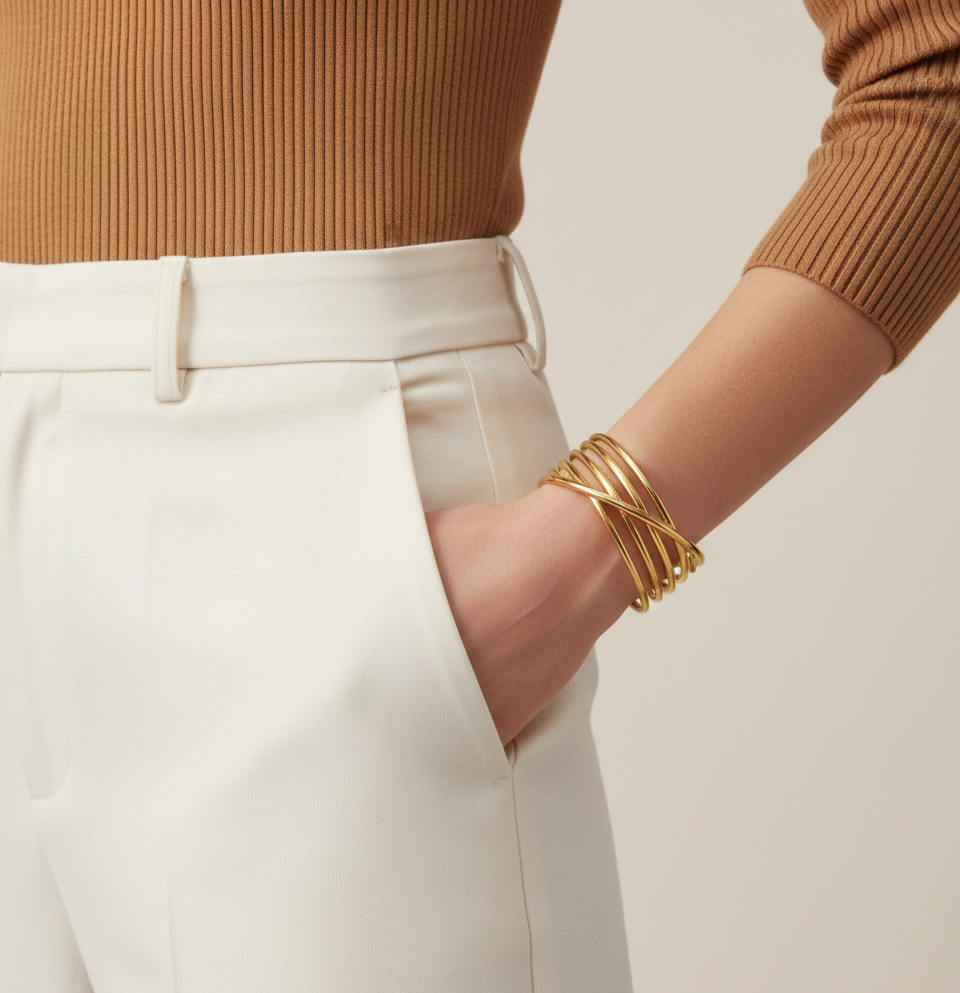 Gold Criss-Cross Cuff Bracelet – Minimalist Multi-Layer Bangle for Women