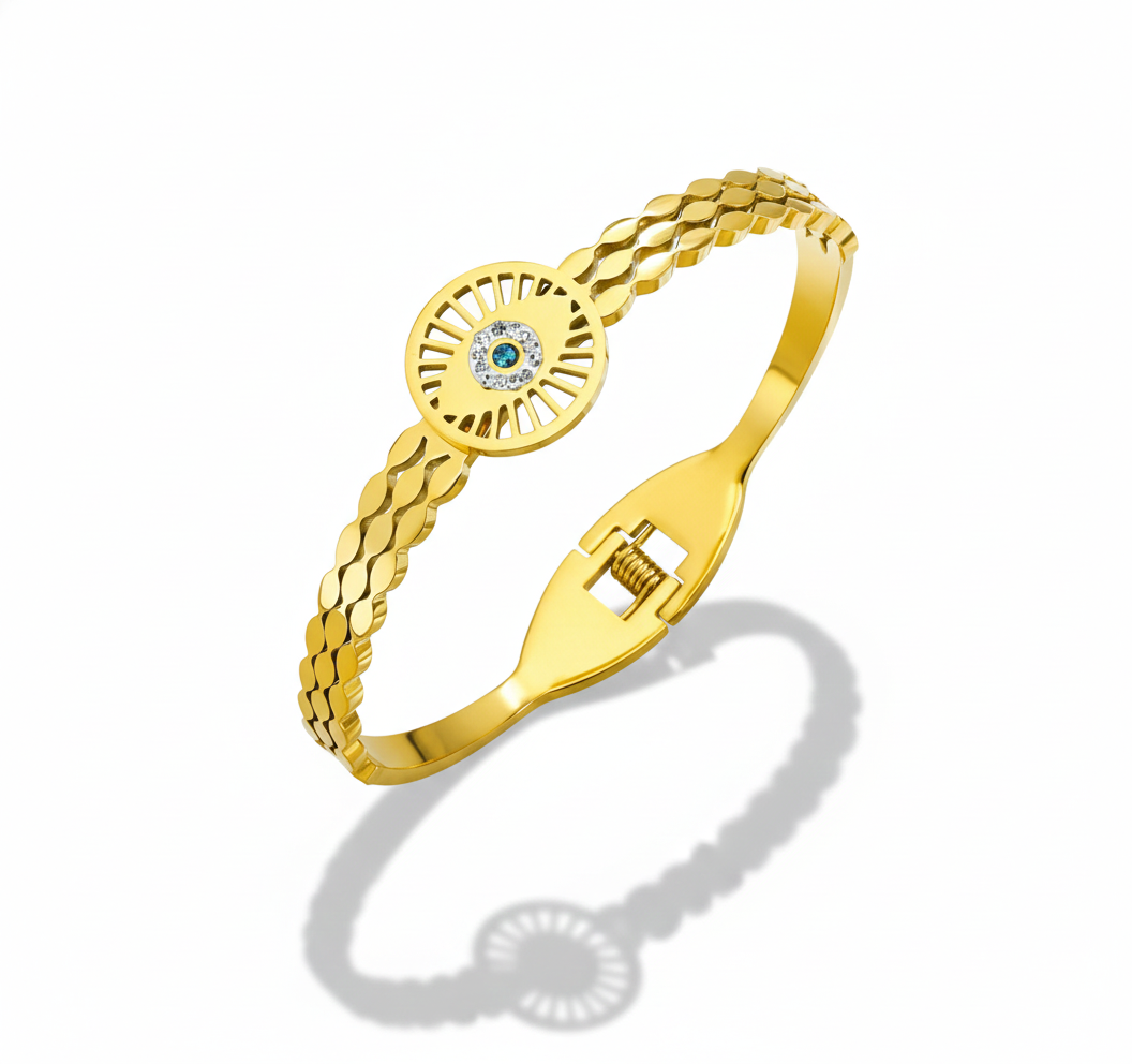 Gold-Plated Evil Eye Cuff Bracelet | Adjustable Designer Women Bracelet