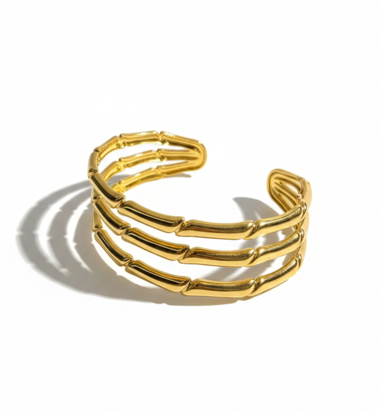 Gold Bamboo Style Cuff Bracelet – Minimal Layered Designer Bangle for Women