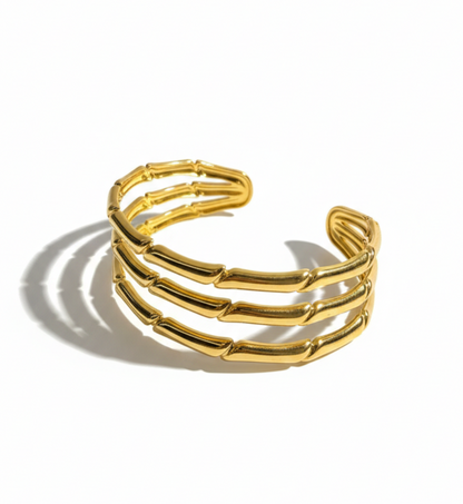 Gold Bamboo Style Cuff Bracelet – Minimal Layered Designer Bangle for Women