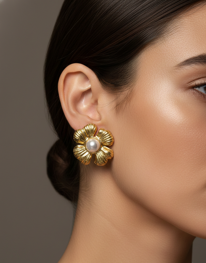 Handcrafted Gold Flower Pearl Stud Earrings – Artisanal Jewellery