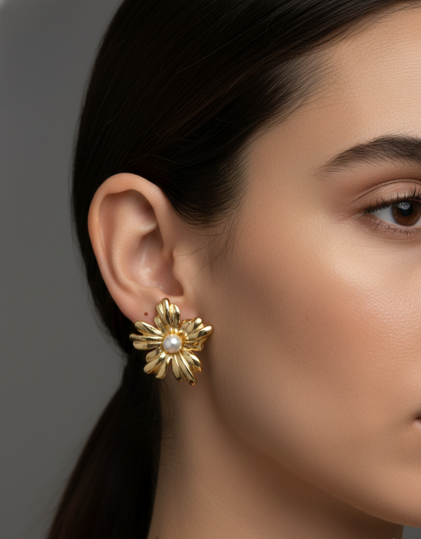 Golden Floral Pearl Stud Earrings – Handcrafted Artisanal Jewellery