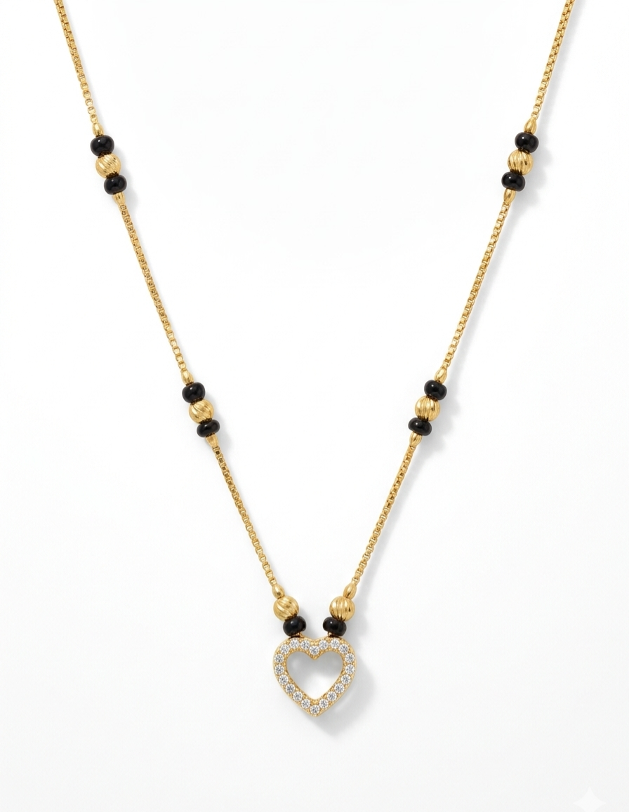 Heart Shape Gold Mangalsutra Necklace – Diamond Pendant Black Bead Necklace for Women