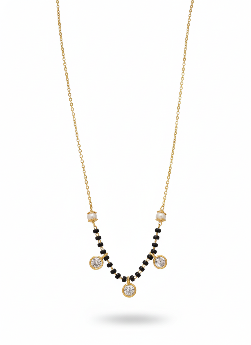 Gold-Plated Modern Mangalsutra Necklace with Black Beads & Crystal Pendants