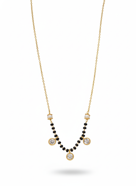 Gold-Plated Modern Mangalsutra Necklace with Black Beads & Crystal Pendants