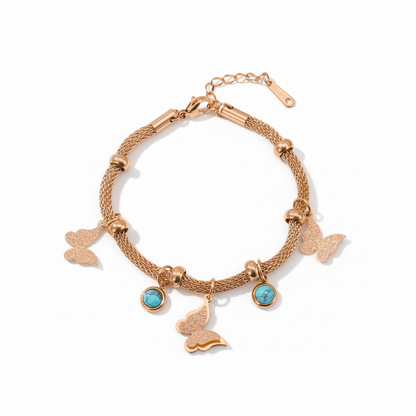 Rose Gold Butterfly Charm Bracelet with Turquoise Stones | Adjustable Women Bracelet