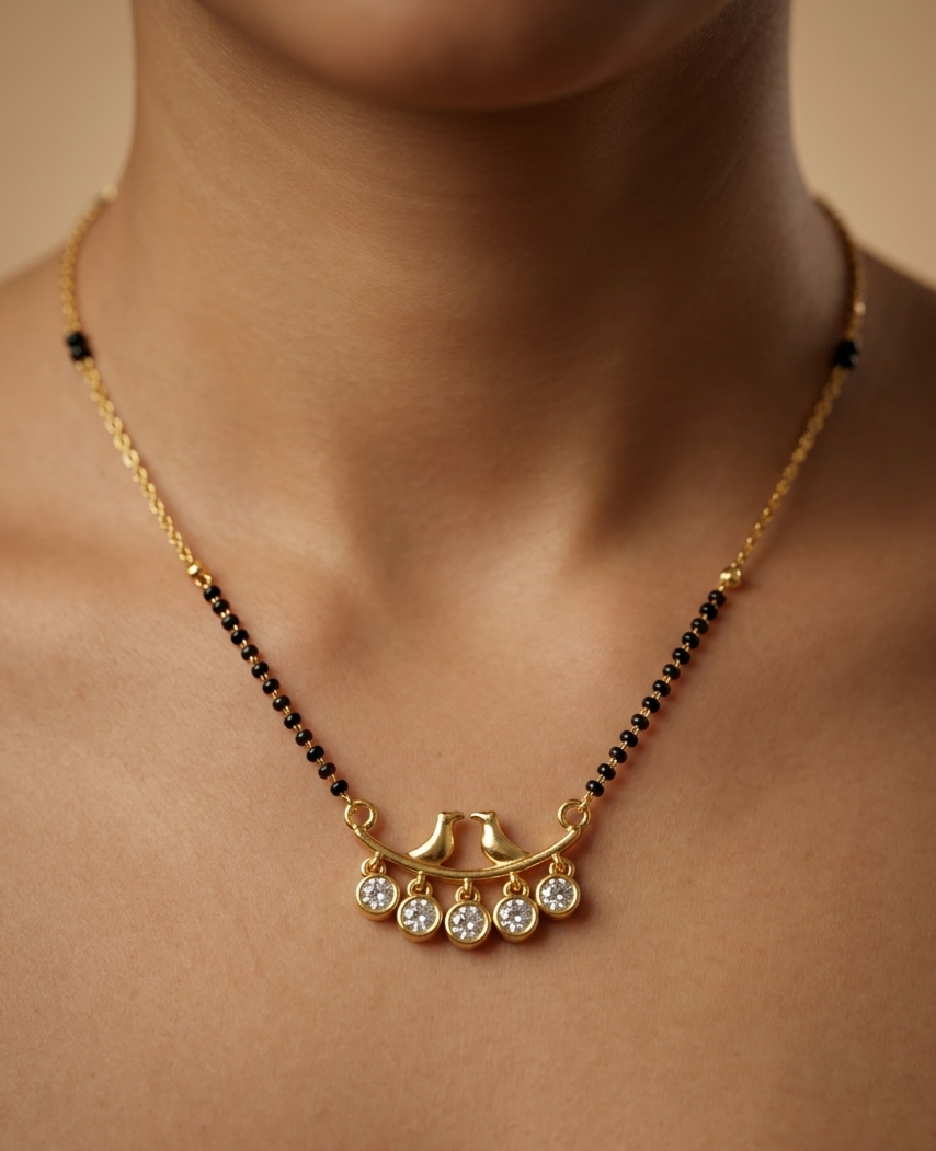 Love Birds Gold Mangalsutra Necklace – Diamond Pendant Black Bead Necklace for Women