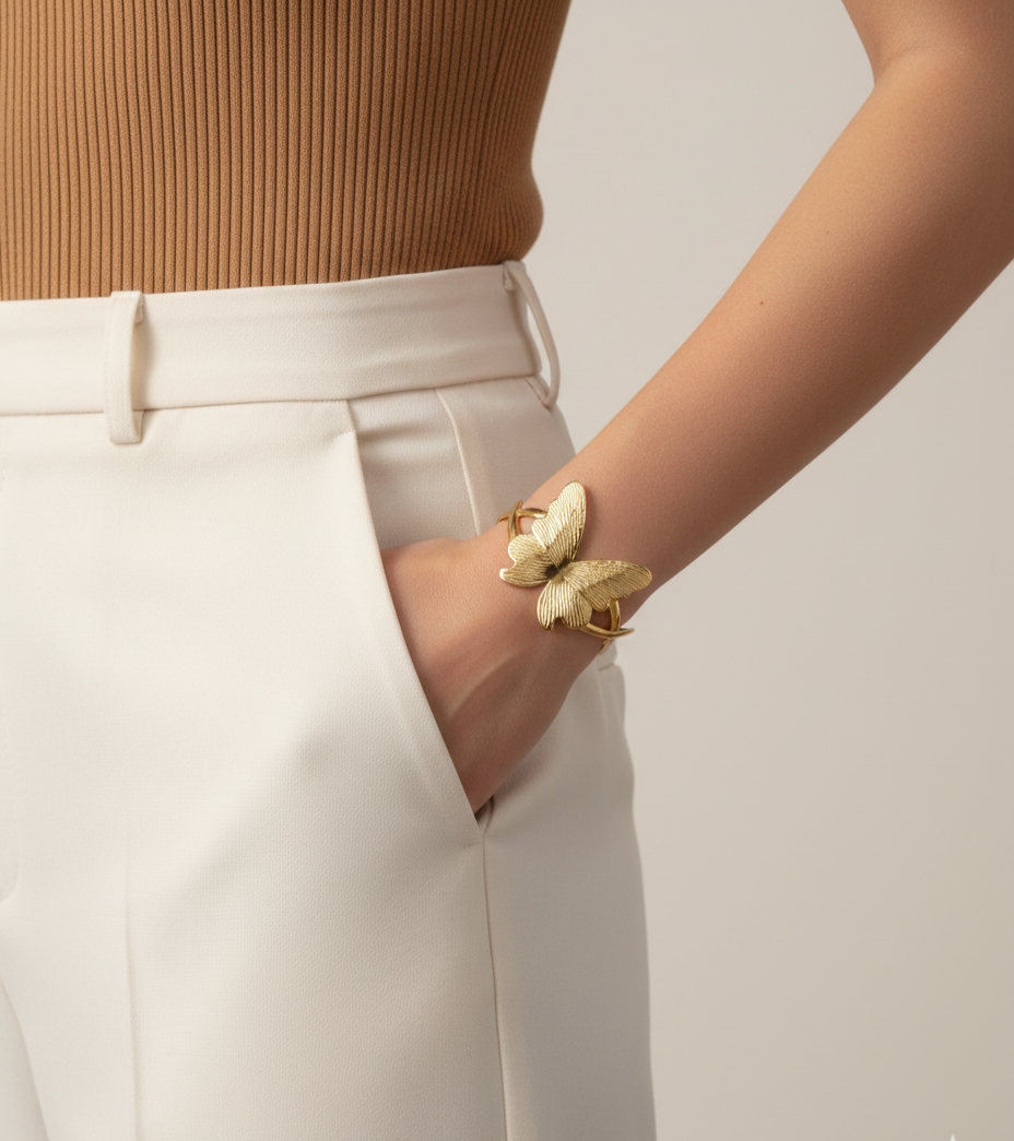 Gold Butterfly Cuff Bracelet – Elegant Designer Open Bangle for Women
