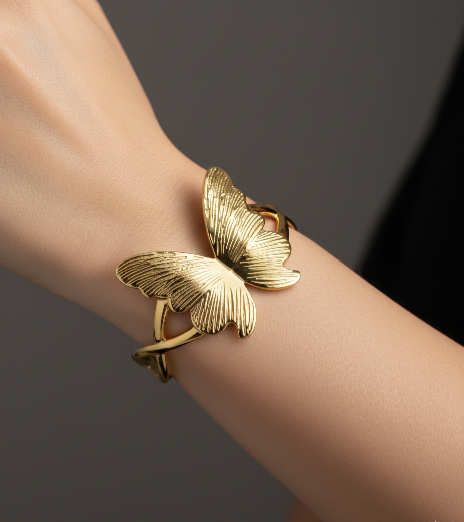 Gold Butterfly Cuff Bracelet – Elegant Designer Open Bangle for Women