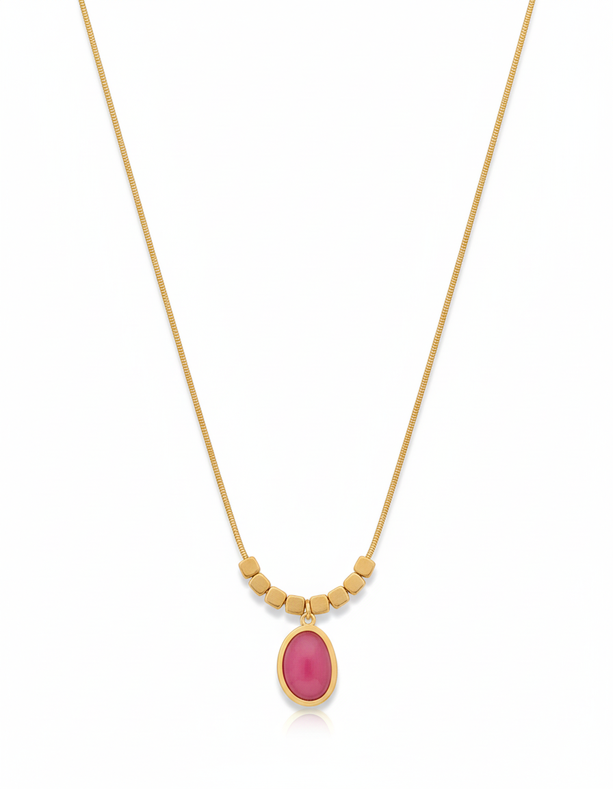 Pink Gemstone Minimal Gold Necklace – Handcrafted Artisanal Jewellery