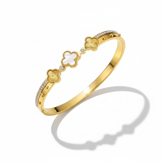 Gold-Plated Floral Clover Cuff Bracelet with Crystal Accents | Elegant Women Bracelet