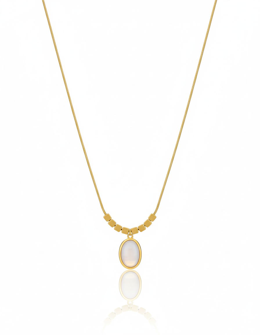 Oval White Gemstone Minimal Gold Necklace – Handcrafted Artisanal Jewellery