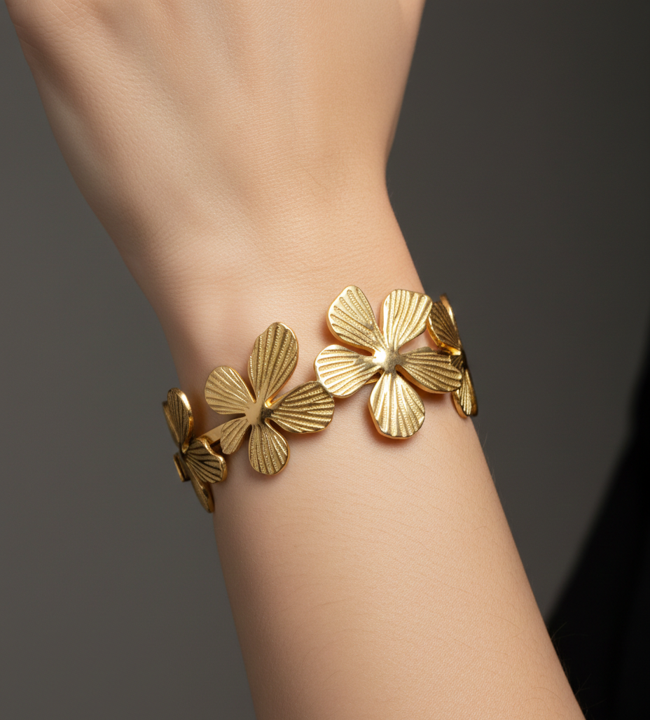 Golden Floral Statement Bracelet – Elegant Handmade Cuff for Women