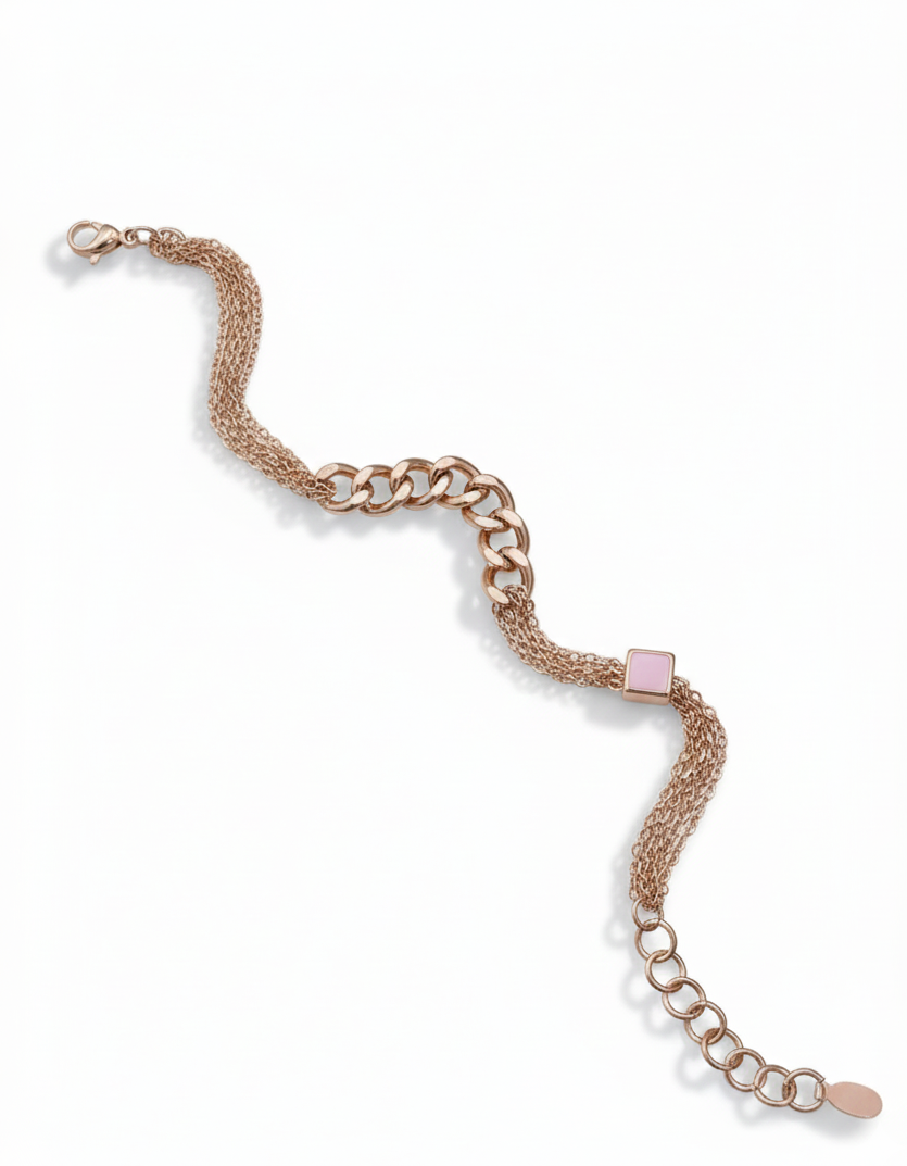Rose Gold Chain & Mesh Bracelet with Pink Square Charm