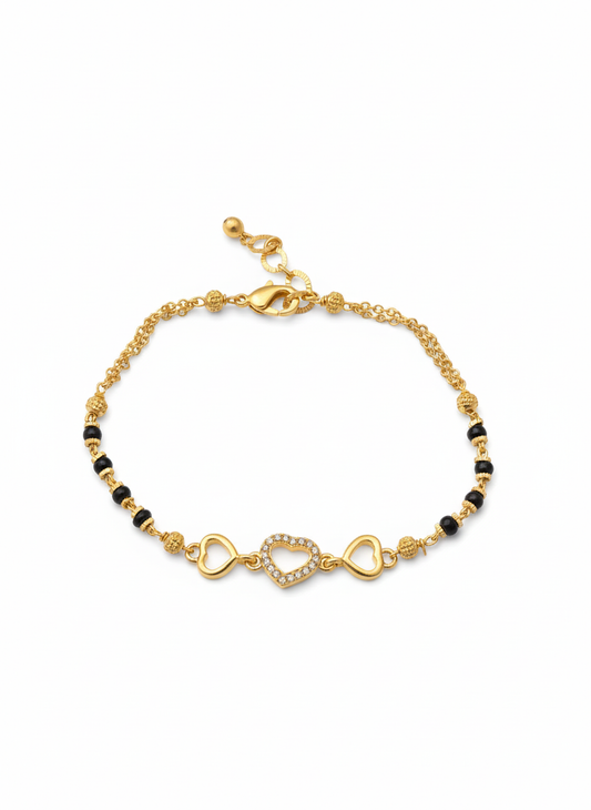 Gold-Plated Heart Design mangalssutra Bracelet with Black Beads | Elegant Women’s Chain Bracelet