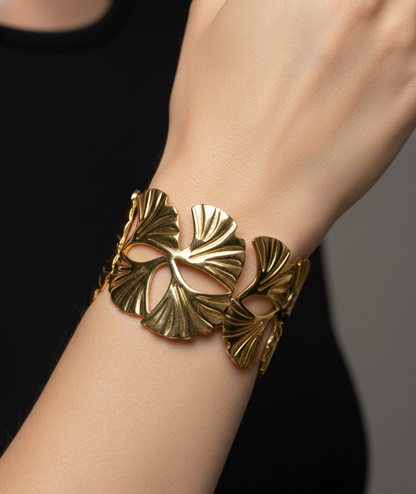 Gold Leaf Statement Cuff Bracelet – Bold Designer Open Bangle for Women