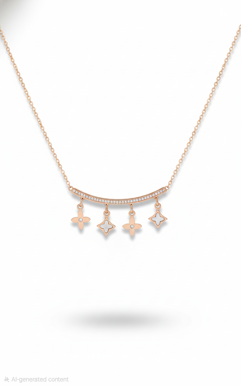 Rose Gold Clover Charm Bar Necklace – Minimal Diamond Accented Jewelry