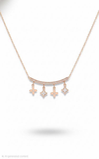 Rose Gold Clover Charm Bar Necklace – Minimal Diamond Accented Jewelry