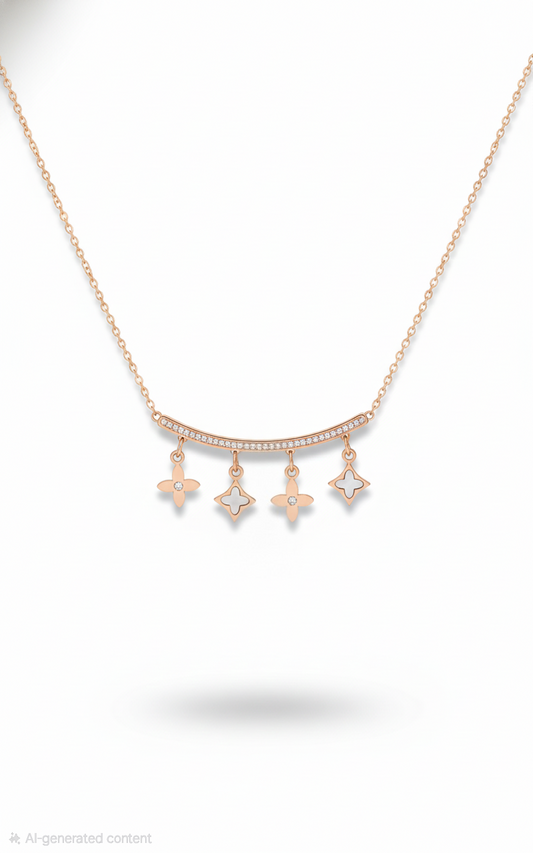 Rose Gold Clover Charm Bar Necklace – Minimal Diamond Accented Jewelry
