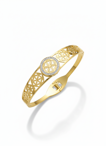Gold-Plated Geometric Floral Cuff Bracelet with Crystal Detailing | Elegant Women Bracelet