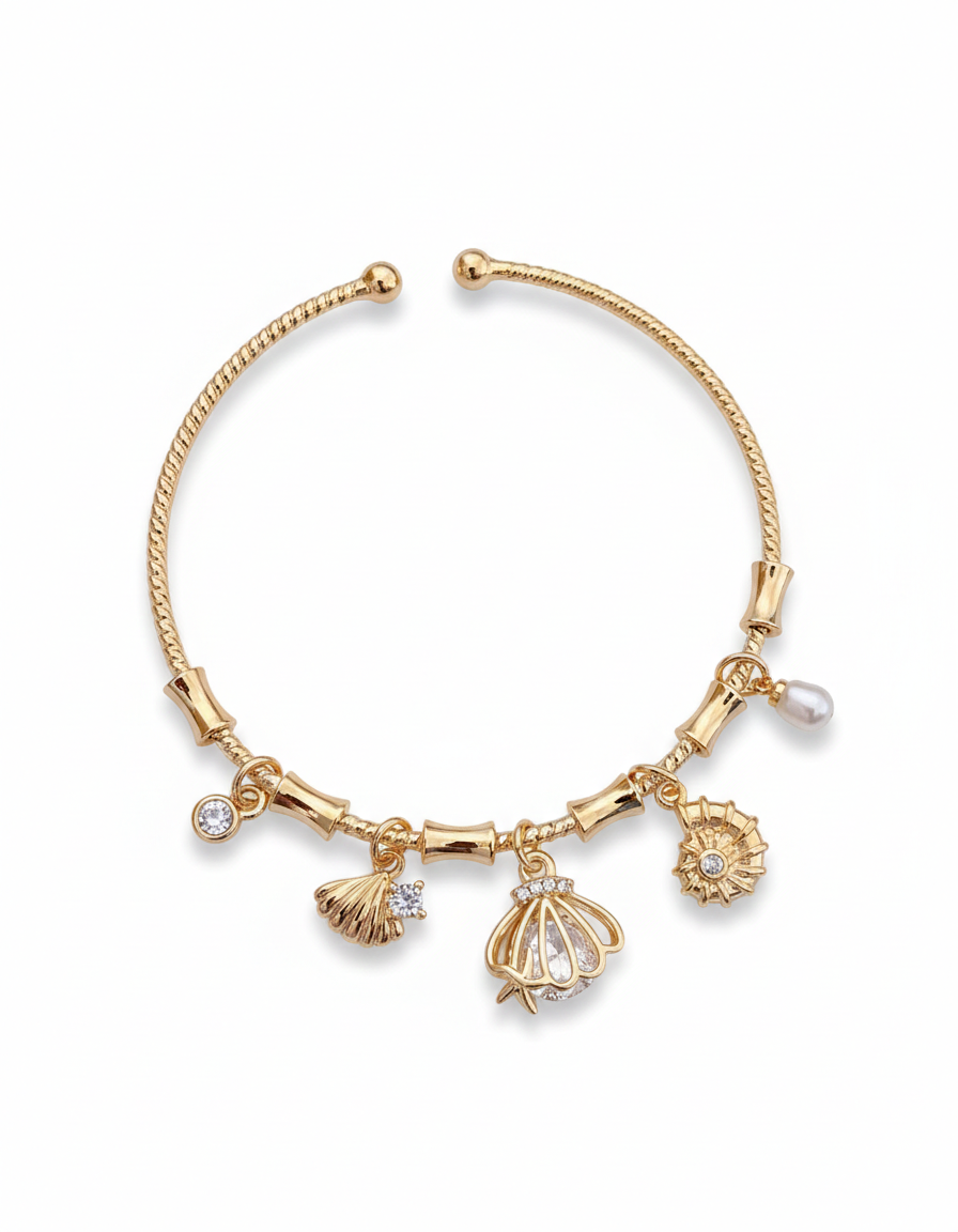 Handcrafted Artisanal Gold Charm Bracelet with Pearl & Shell Motifs