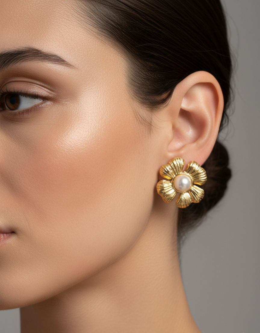 Handcrafted Gold Flower Pearl Stud Earrings – Artisanal Jewellery