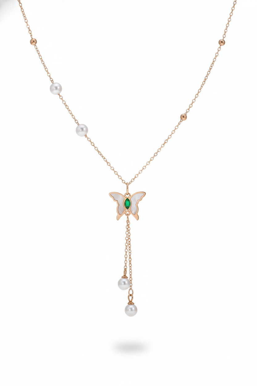 Rose Gold Butterfly Pendant Necklace with Pearl Drop