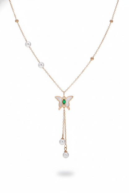 Rose Gold Butterfly Pendant Necklace with Pearl Drop