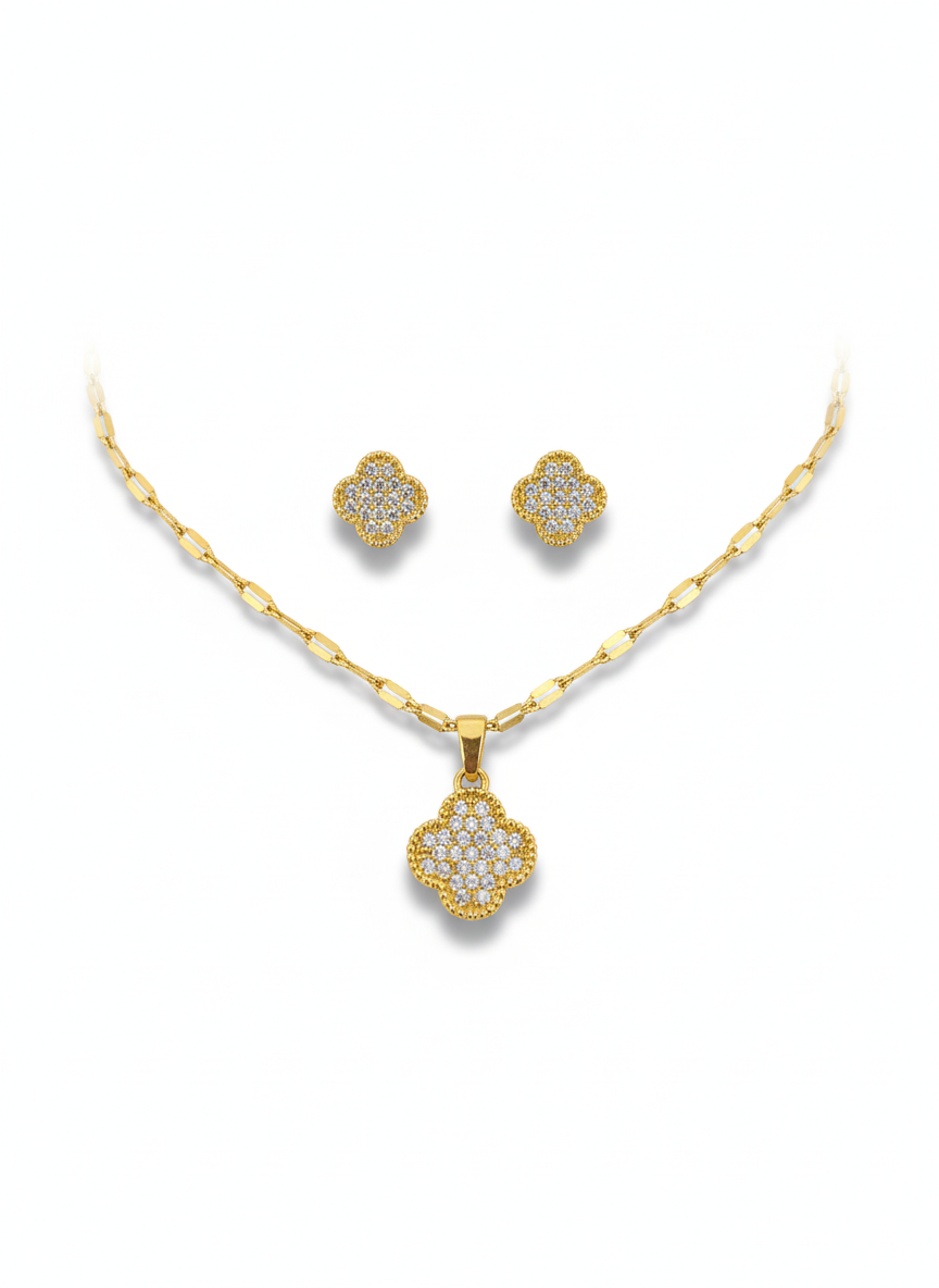 Floral Diamond Pendant Necklace Set – 18K Gold Plated Minimal Jewelry