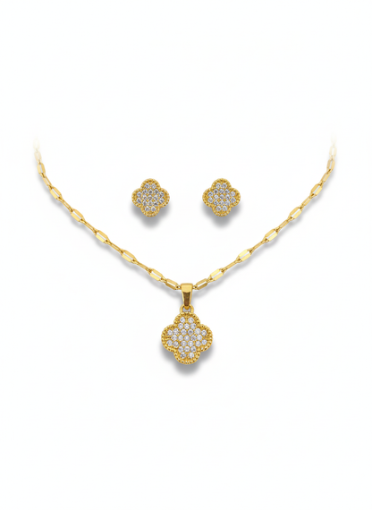 Floral Diamond Pendant Necklace Set – 18K Gold Plated Minimal Jewelry