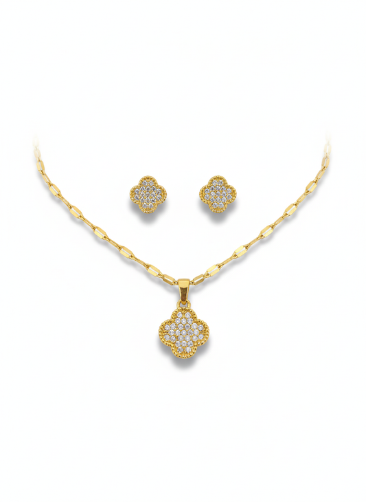 Floral Diamond Pendant Necklace Set – 18K Gold Plated Minimal Jewelry