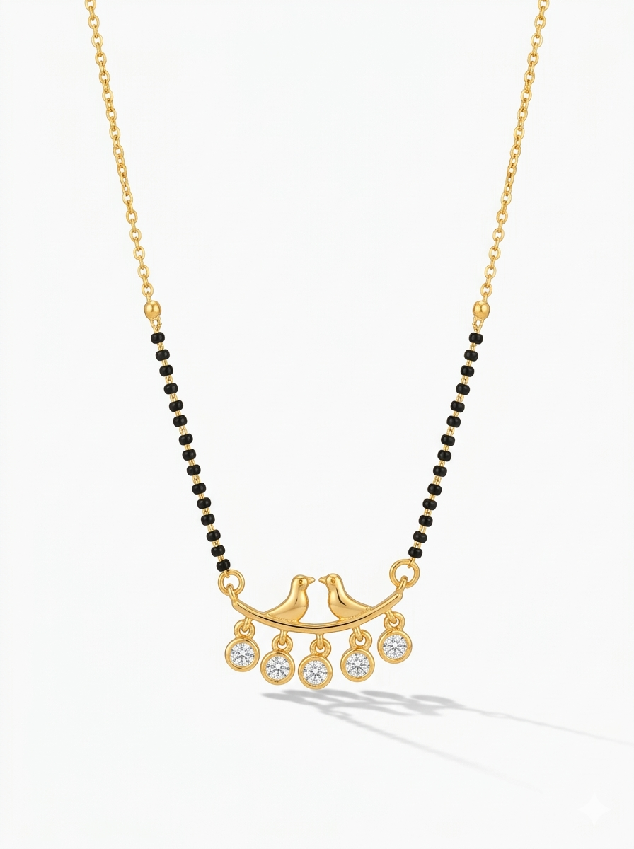 Love Birds Gold Mangalsutra Necklace – Diamond Pendant Black Bead Necklace for Women