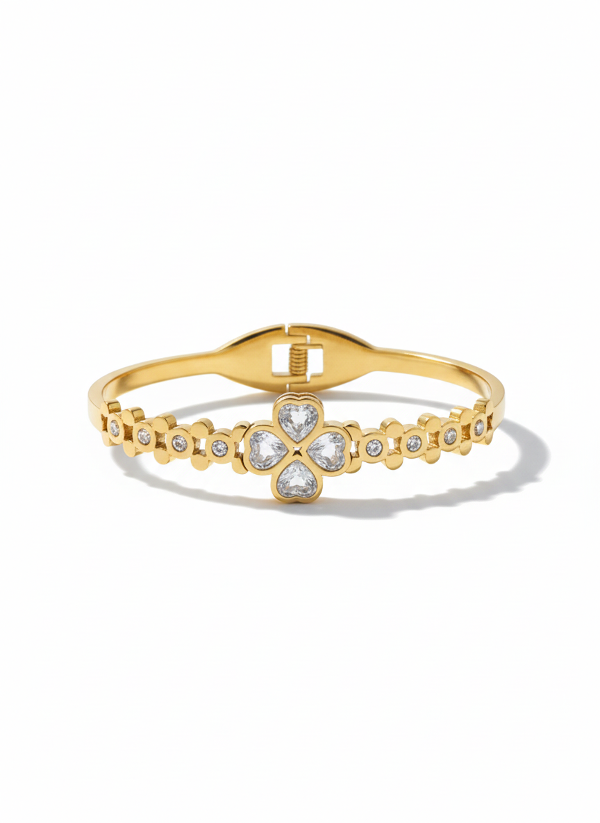 Gold-Plated Clover Crystal Cuff Bracelet | Elegant Women Bracelet