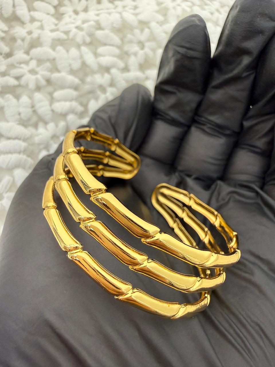 Gold Bamboo Style Cuff Bracelet – Minimal Layered Designer Bangle for Women